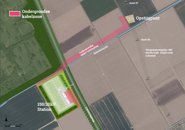 Computer gegenereerde luchtfoto van de locatie van het nieuwe elektriciteitsstation Lelystad Larsseringweg.