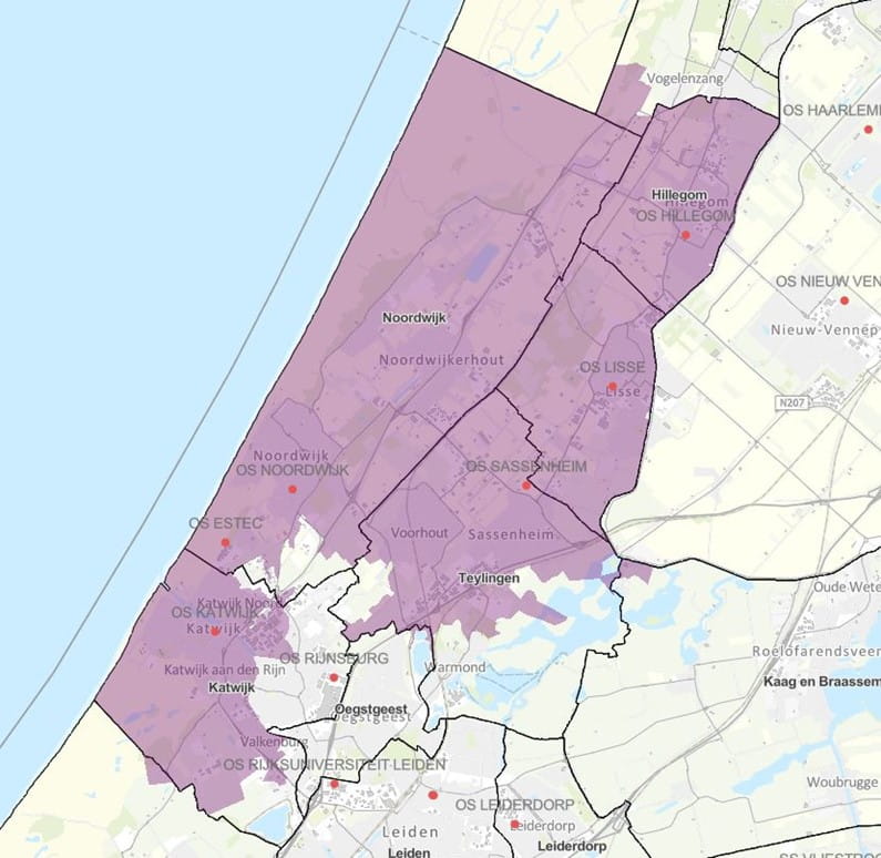 Kaart zuid holland met gemarkeerd gebied voor congestie in duin en bollenstreek